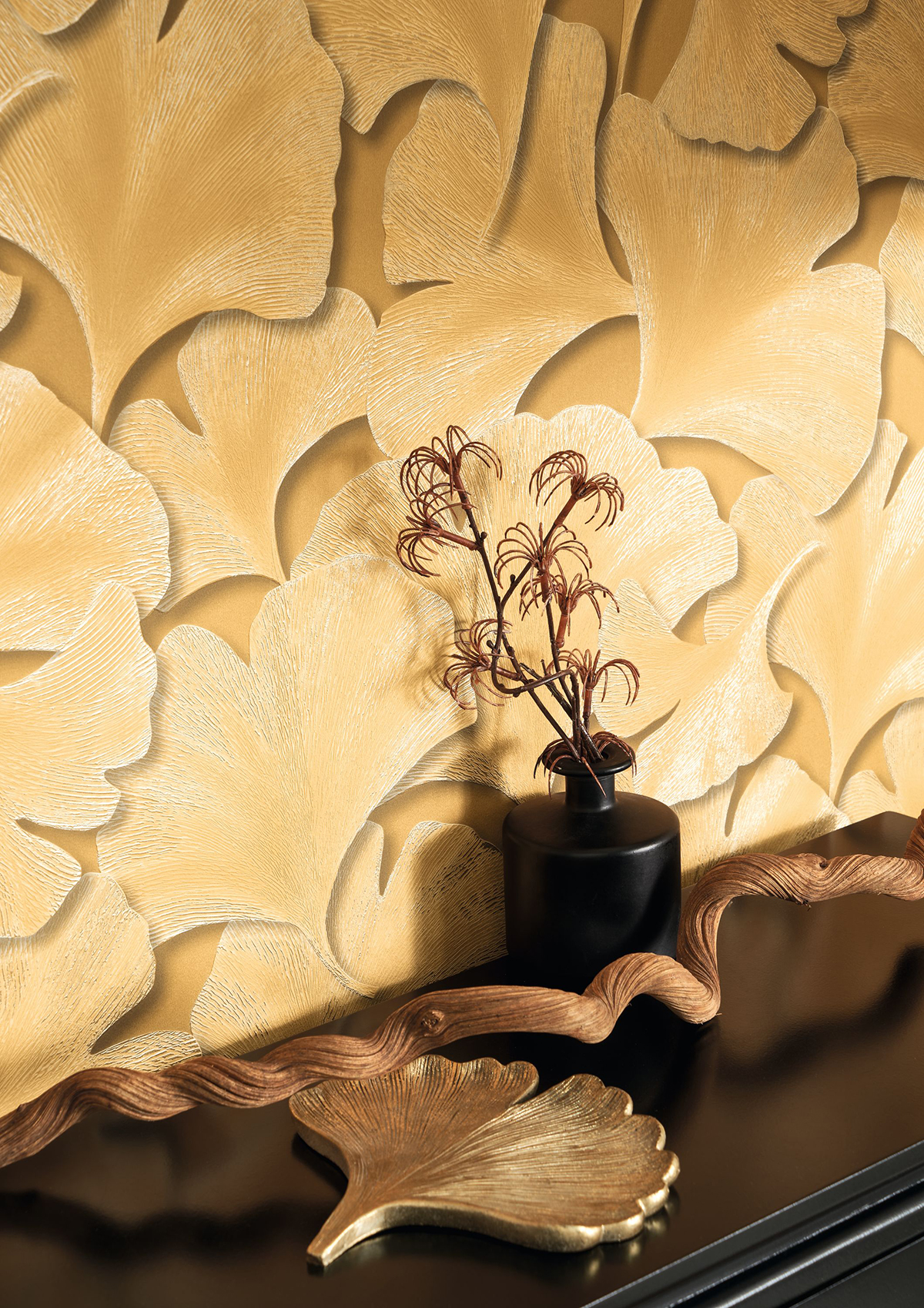 Papier peint Feuille Gingko Biloba jaune et doré - Gingko de Casadéco | Réf. GINK86242322