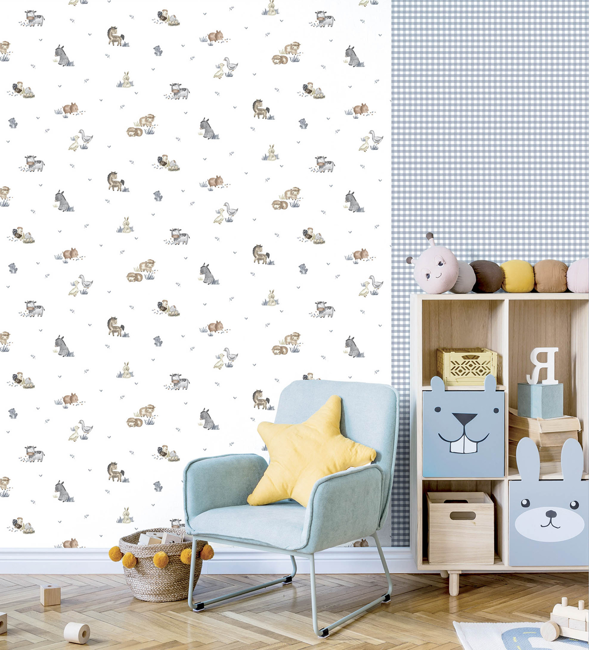 Papier peint Animaux De La Ferme gris beige bleu - Babyland 2 de Lutèce | Réf. LTC-14830