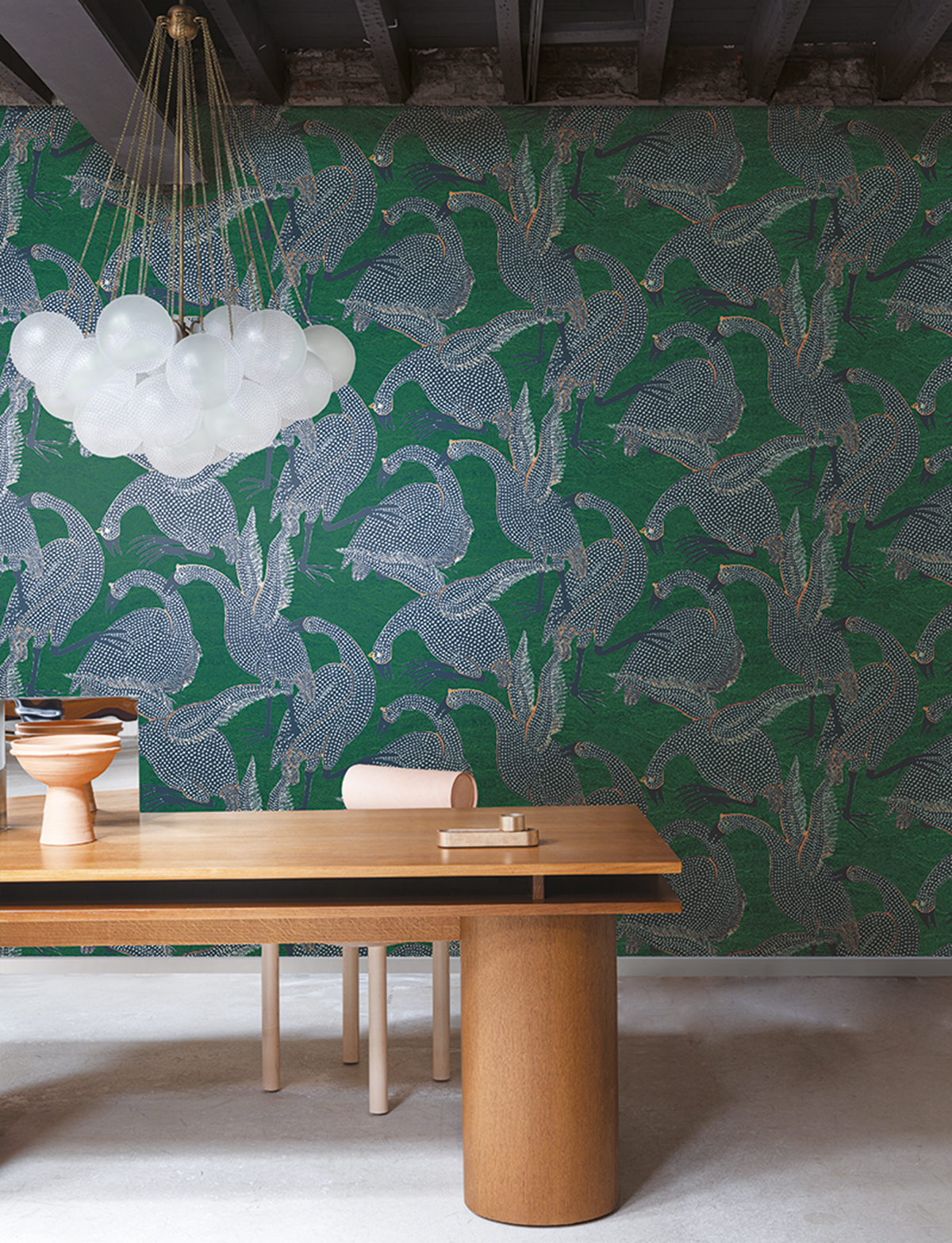 Papier peint Oiseau Pintade Guinea émeraude métallisé - Terra de Masureel AMB3 | Réf. MAS-TER101