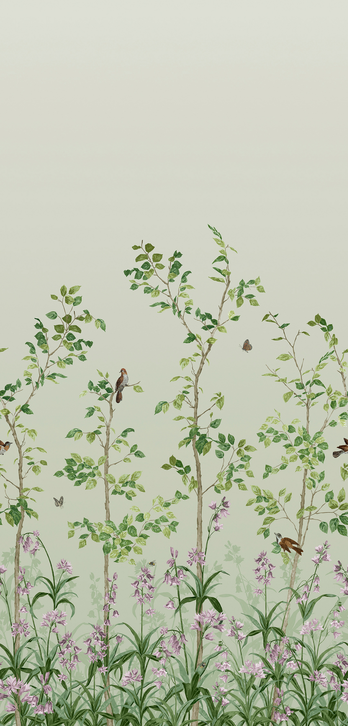 Papier peint panoramique Nature Bird & Bluebell Peagreen - National Trust Papers 3 de Little Greene | Réf. 0263BIPEAGR