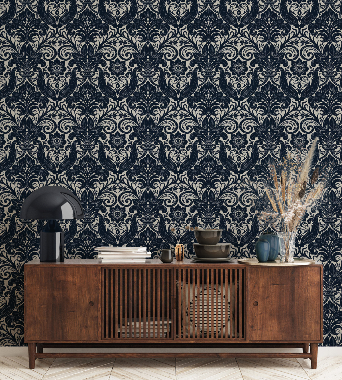 Papier peint Médaillon Floral Velours bleu nuit - The Wall Llewelyn-Bowen de Lutèce | Réf. LTC-LB25167