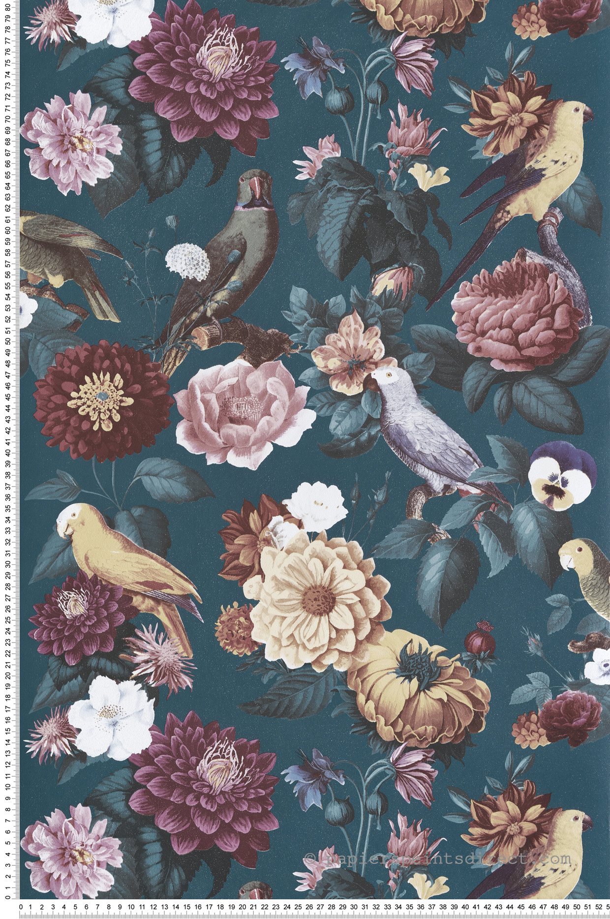 Papier peint Perroquet Fleurs bleu canard irisé - Maison Paradis de Lutèce | Réf. LTC-MP15547