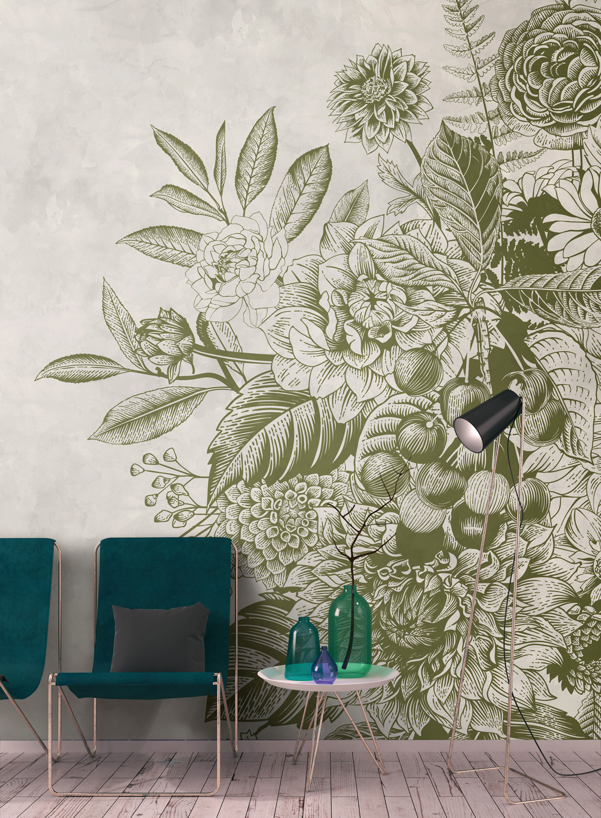 Papier peint panoramique Fleurs Jouy Greenery 2  - Référence DD111081 - Intissé 200g/m2 - Standard 400 x 270