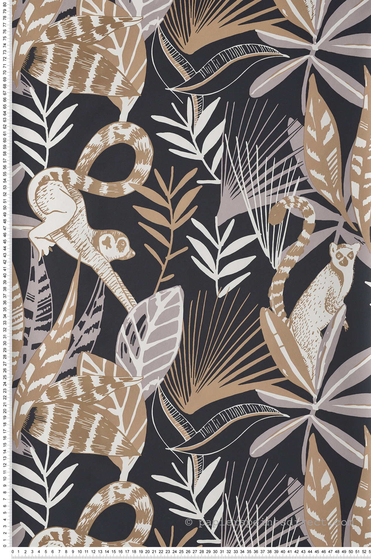 Papier peint Lémurien jungle Madagascar noir/gris/beige/doré - L'odyssée de Casélio | Réf. OYS101409911