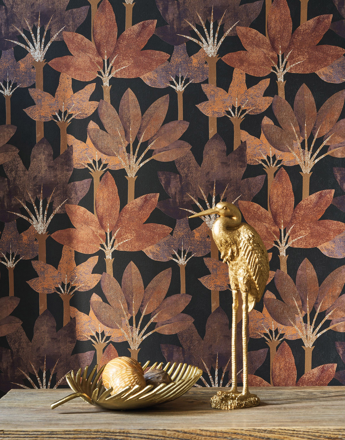 Papier peint Forêt Métallisé Babel bleu encre rouille - Babylone de Casadéco AMB3| Réf. BBLN89718644