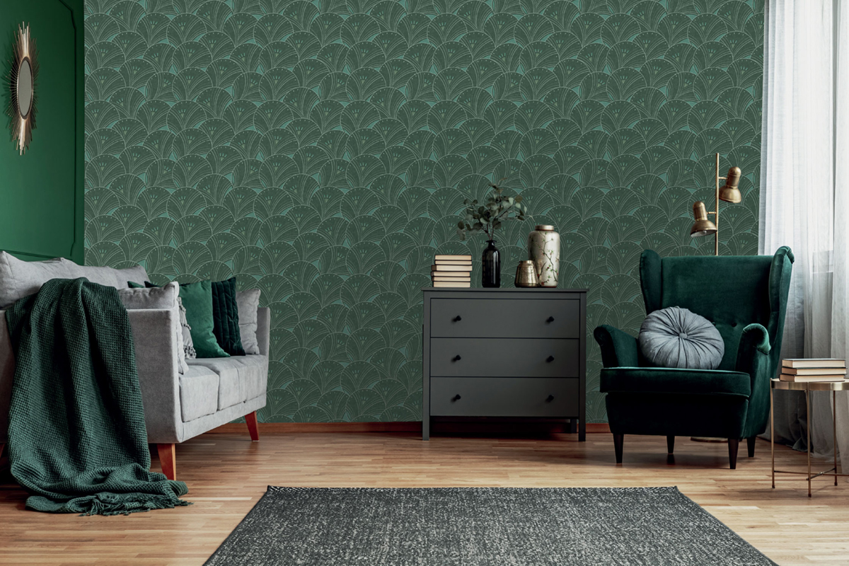 Papier peint Art Déco Léonie vert foncé - Villa Rosalie de Lutèce | Réf. LTC-51223814