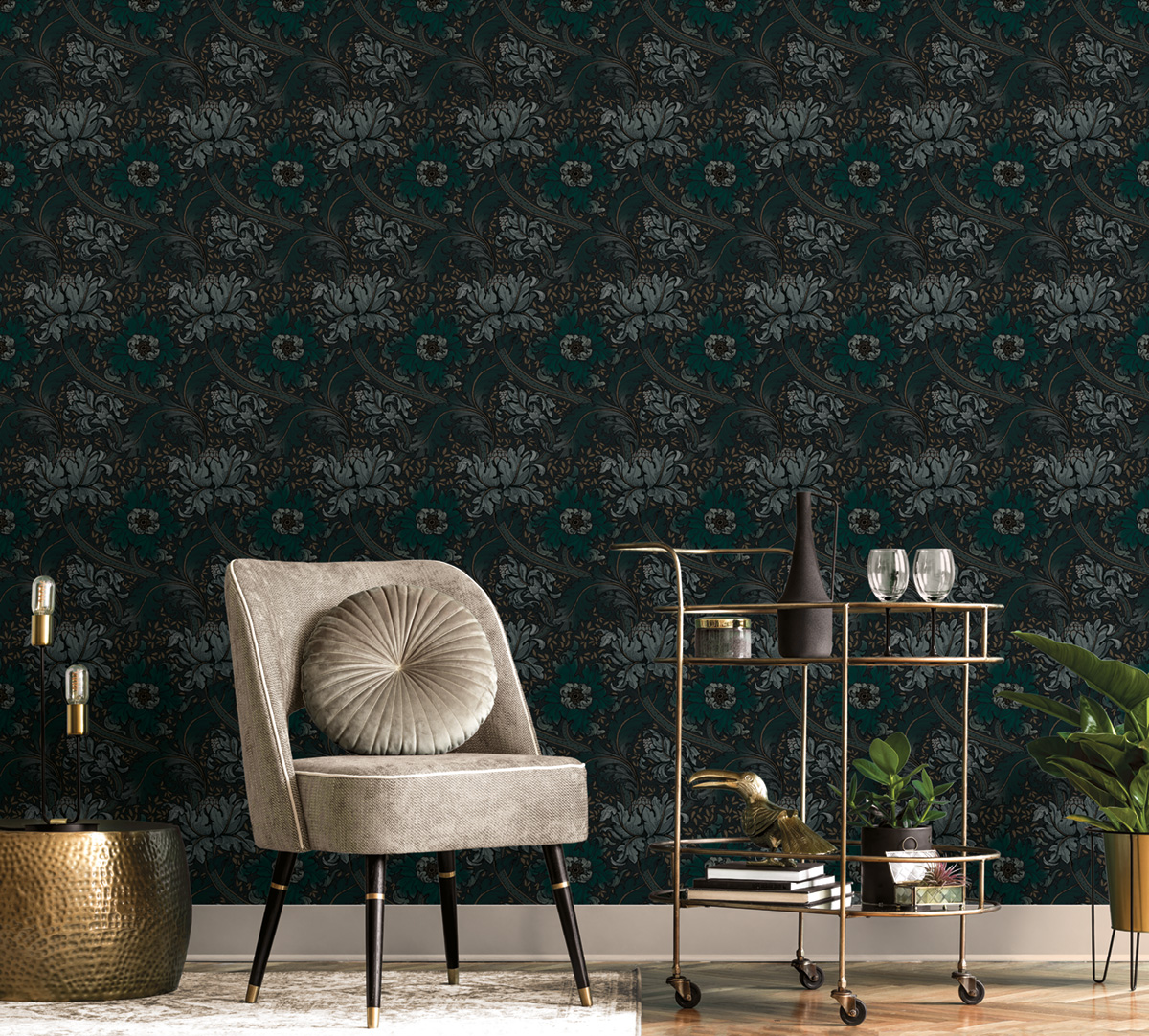 Papier peint Fleur Renaissance Baroque vert pétrole doré - The Wall Llewelyn-Bowen de Lutèce | Réf. LTC-LB25144
