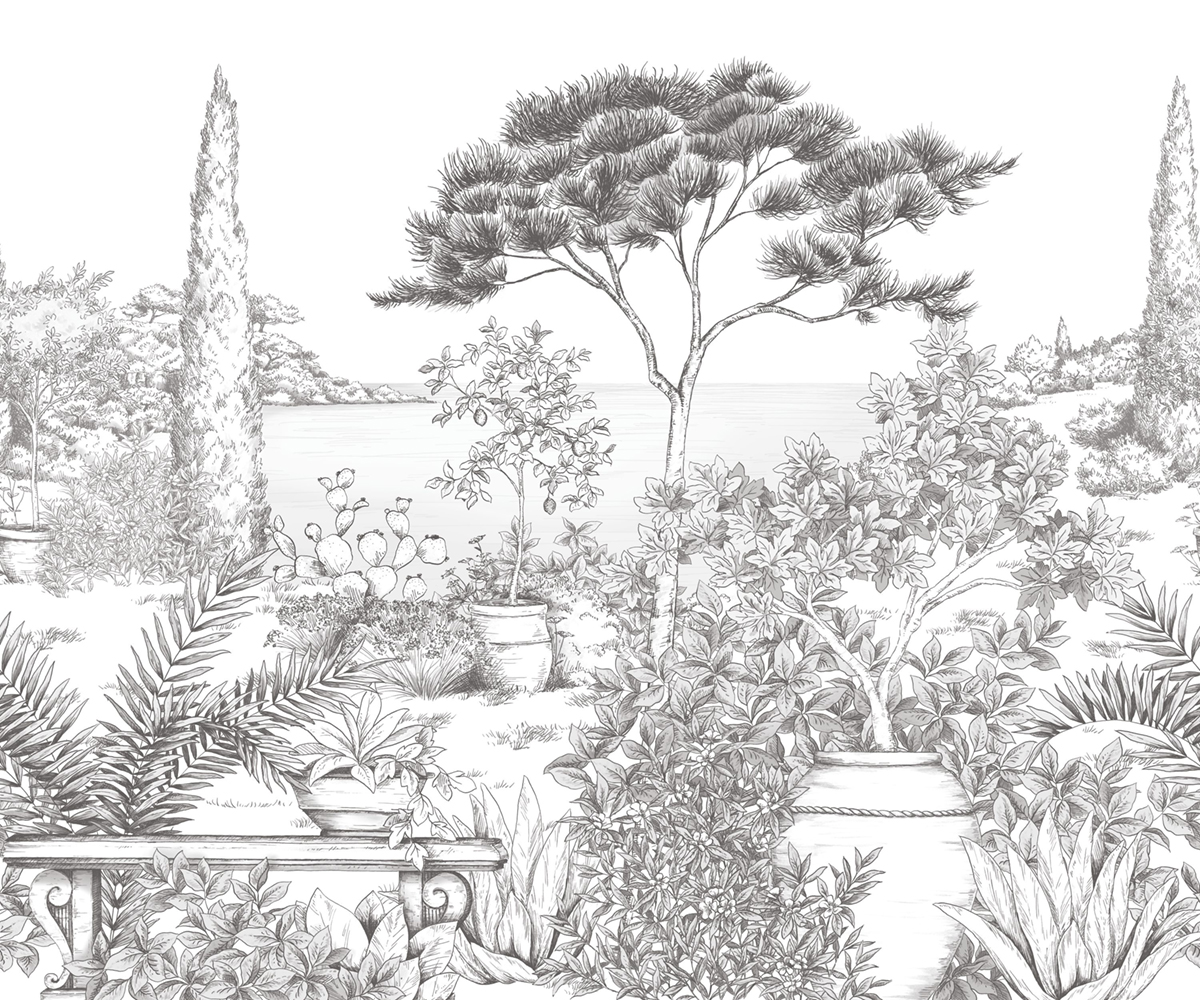 Papier peint panoramique Gravure A l'Ombre des Pins S noir blanc 300X250 - Wonderwalls 2 de Casadéco | Réf. WDWD200019807