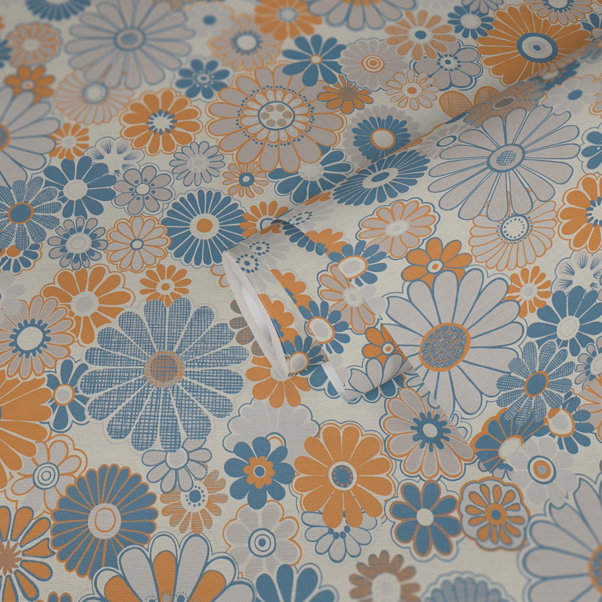 Papier peint Marguerite Vintage bleu orange gris - Retro Chic d'A.S. Création | Réf. AS-395352