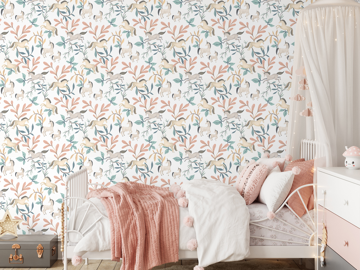 Papier peint Licorne Feuillage turquoise pêche - Sweet Dreams d'Ugépa | Réf. UGP-M96204
