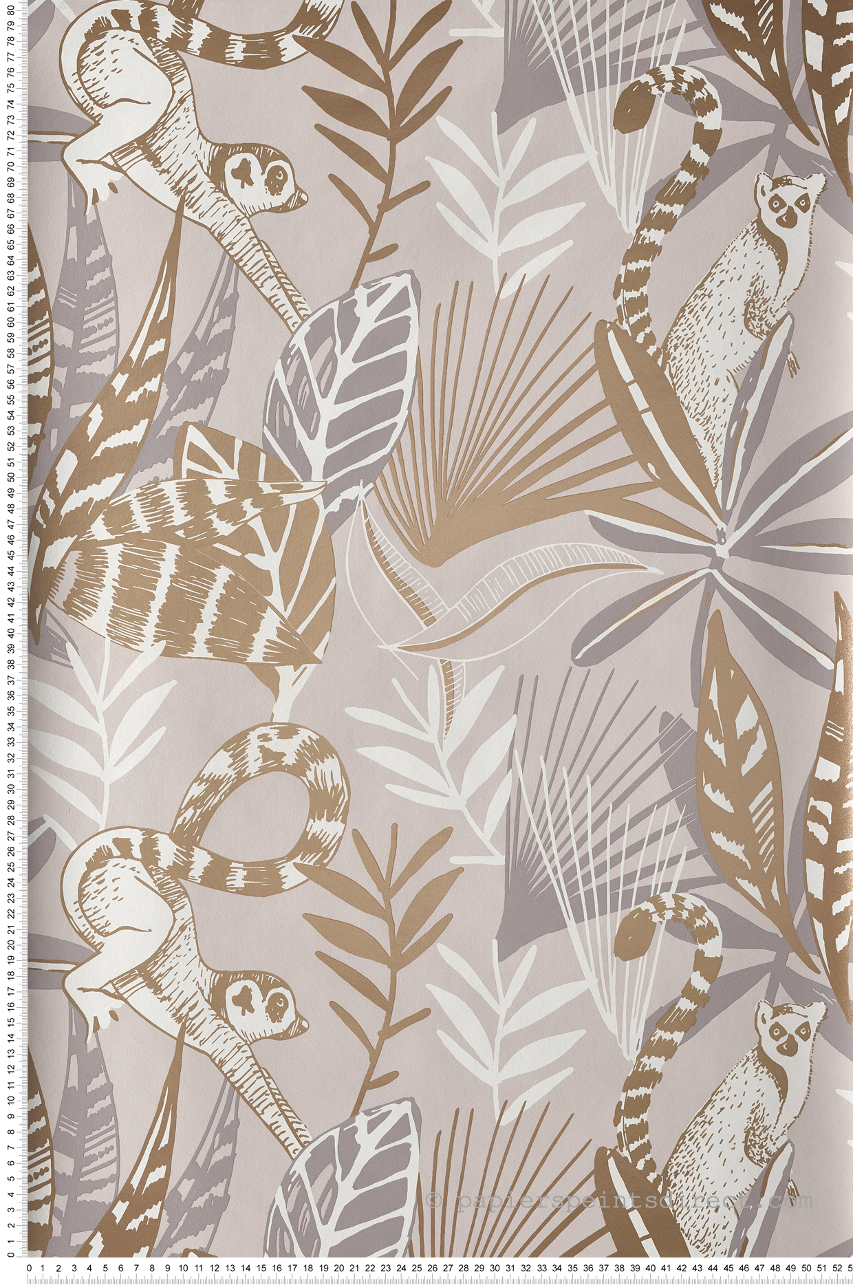 Papier peint Lémurien jungle Madagascar grège/doré - L'odyssée de Casélio | Réf. OYS101401010