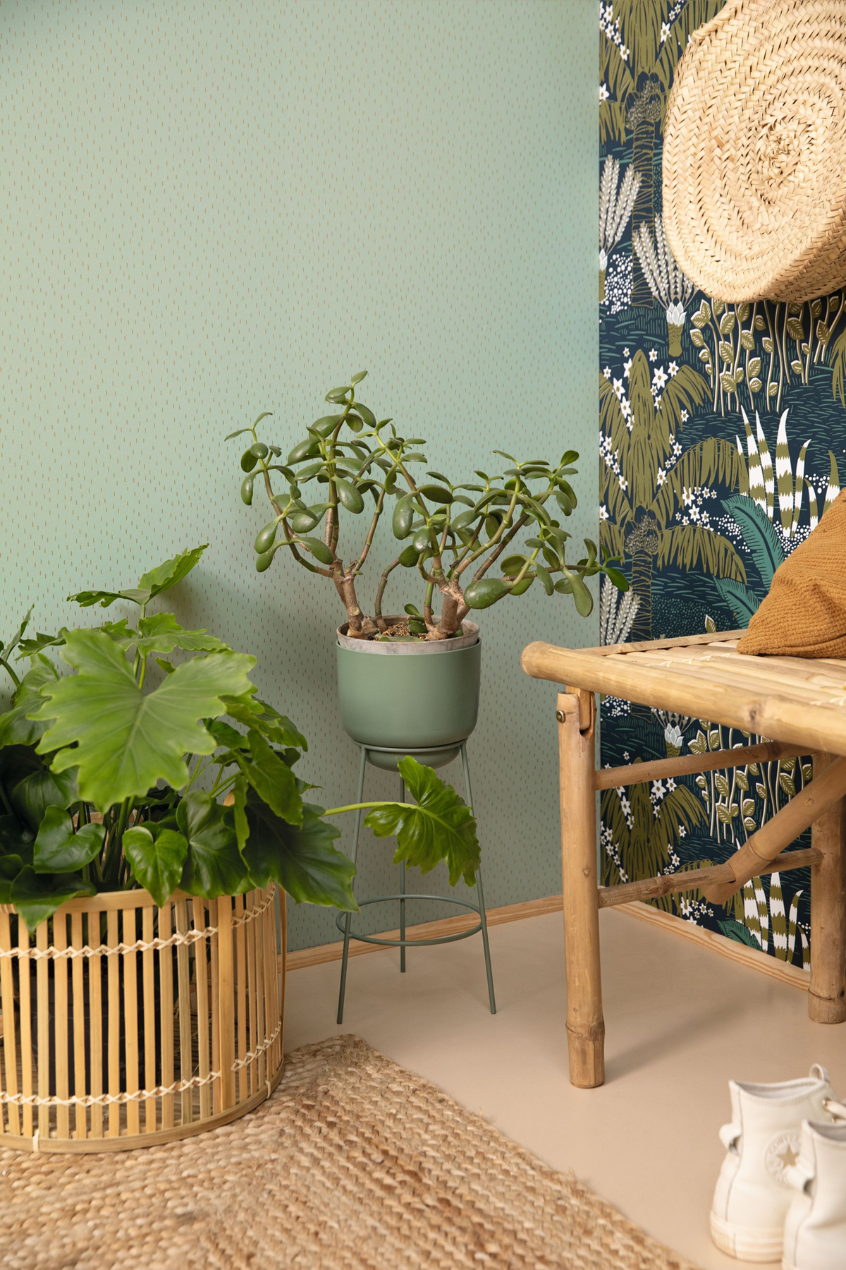 Papier peint Palmier Palmeraie kaki bleu canard - L'Epopée de Casélio AMB3 | Réf. EPO103696072