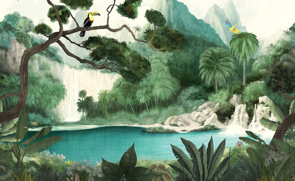 Papier peint panoramique Oasis Toucan vert - A, B, C et D H260 - Wall Designs IV de Masureel | Réf. MAS-DG4TOU102X-260