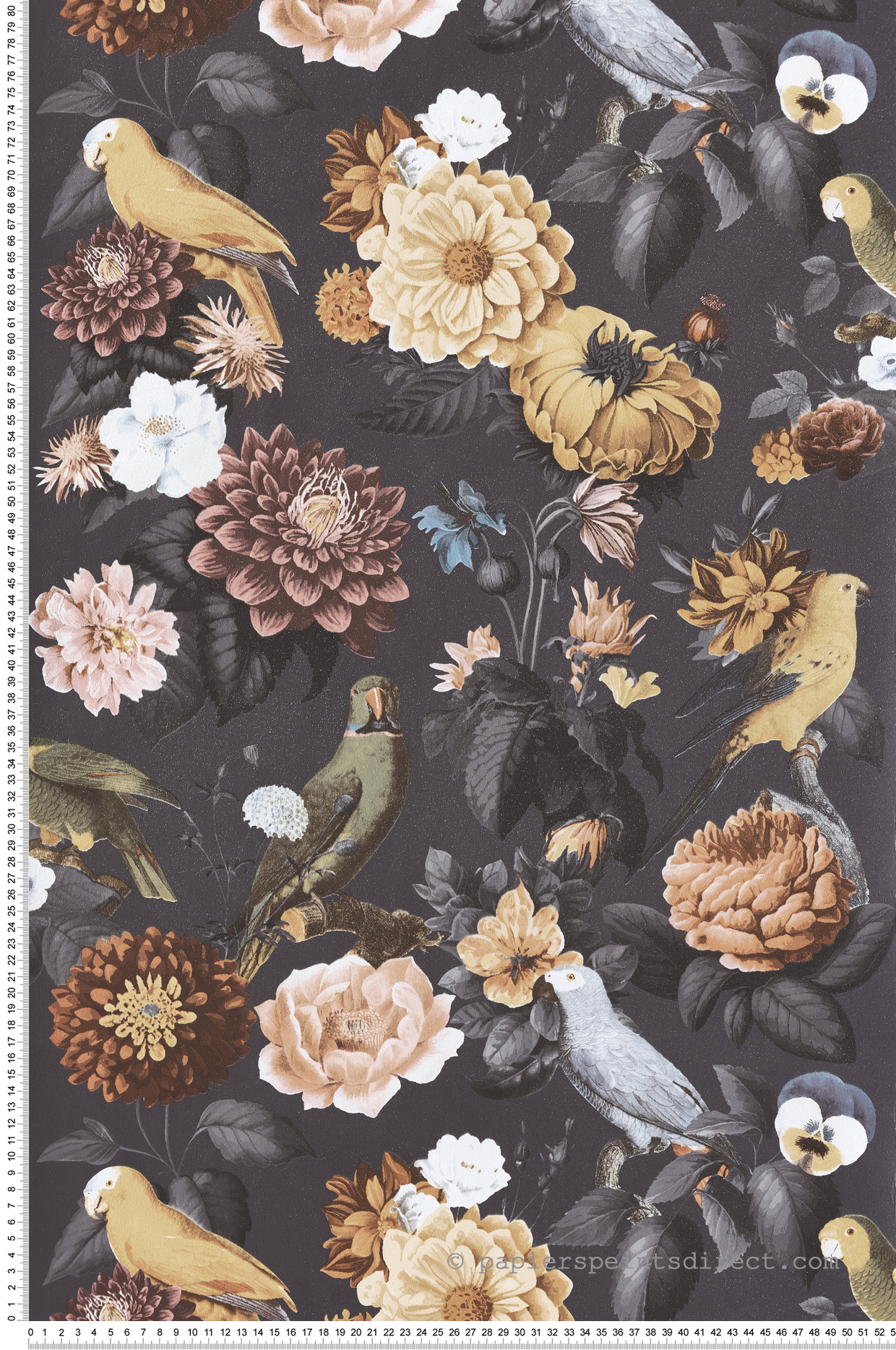 Papier peint Perroquet Fleurs noir irisé - Maison Paradis de Lutèce | Réf. LTC-MP15549