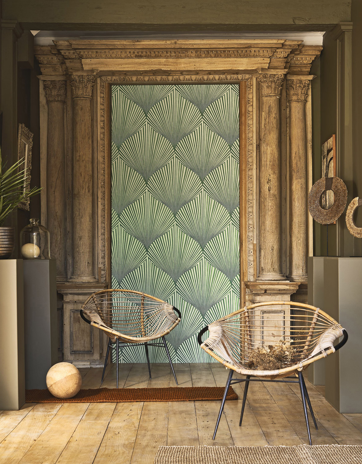 Papier peint Feuille Coquillage Semiramis vert beige - Babylone de Casadéco | Réf. BBLN89767533