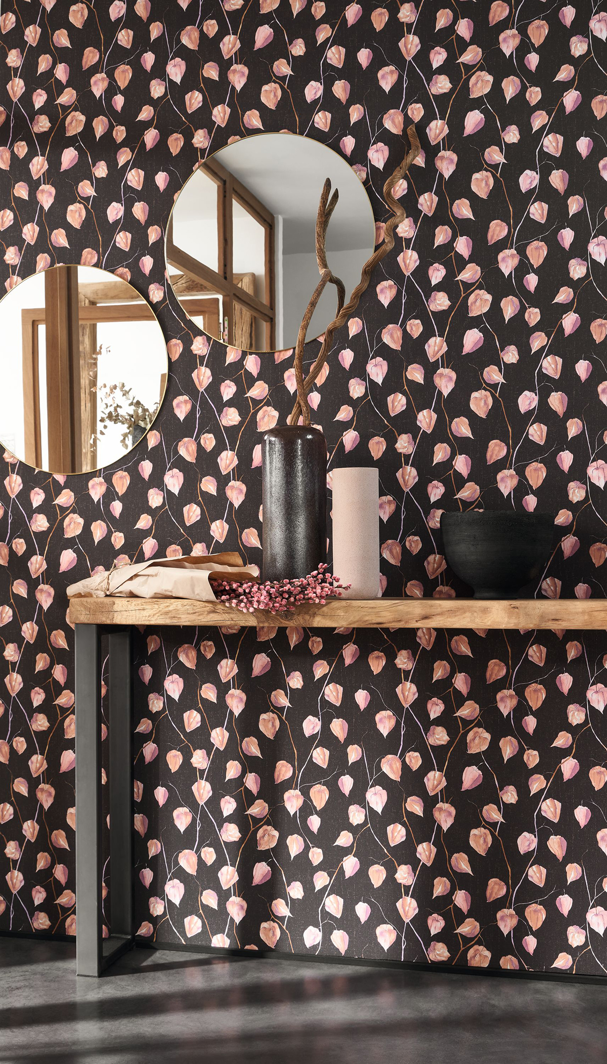 Papier peint Fleur Physalis rose et noir - Gingko de Casadéco | AMB Réf. GINK86213428