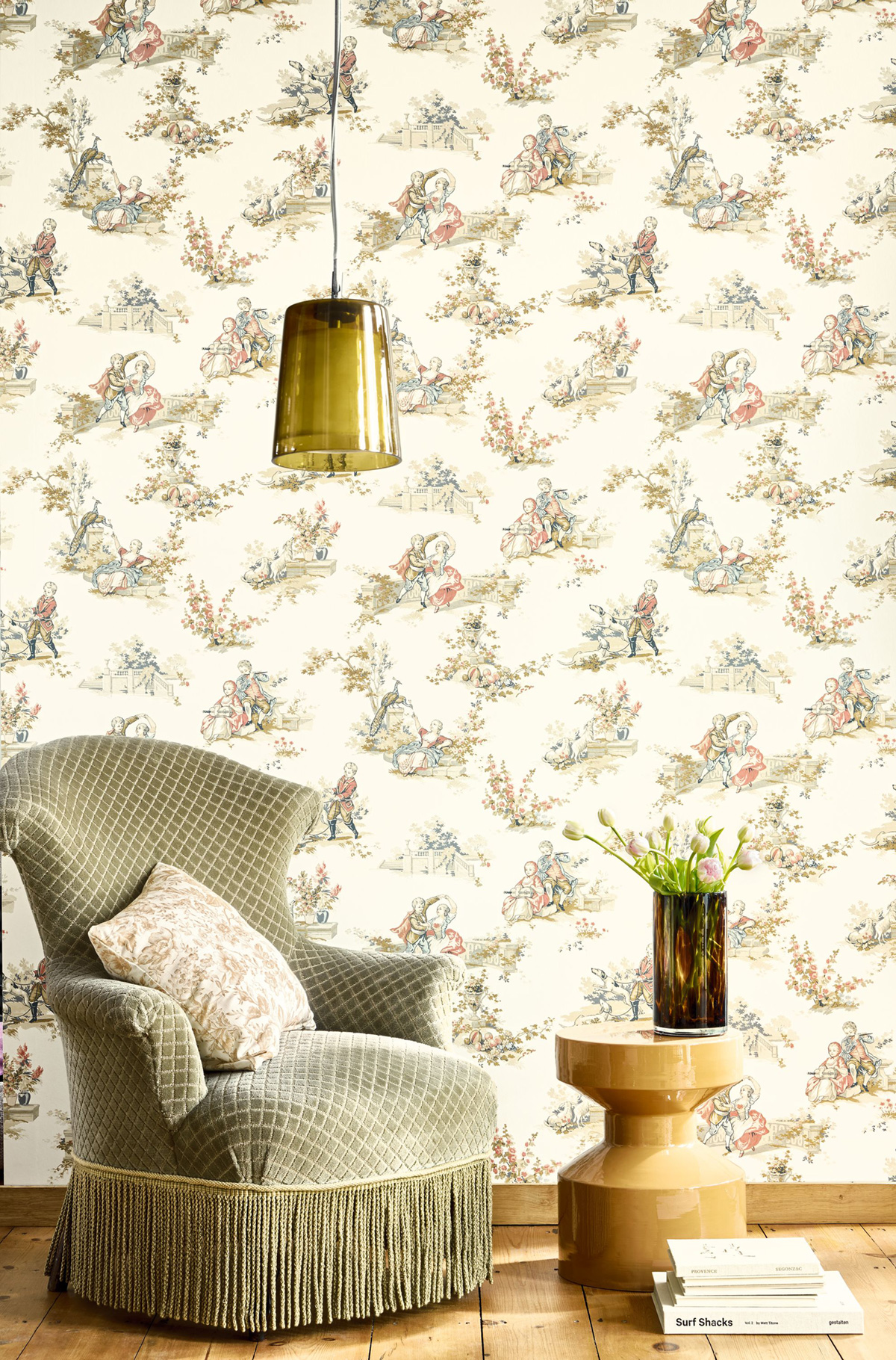 Papier peint Scènes Pastorales Gavotte ocre beige - Les Belles Toiles De Jouy 2 de Casadéco | Réf. BTJD201737407