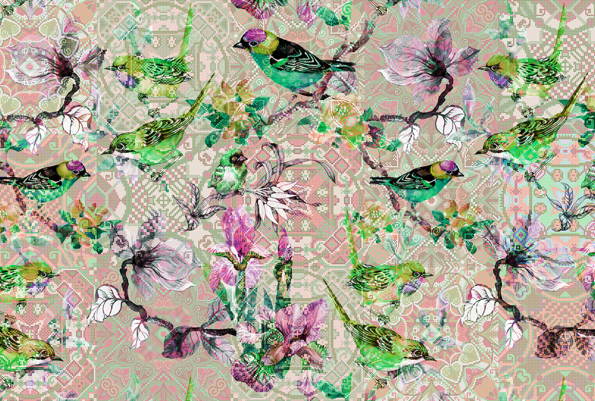 Papier peint panoramique Oiseau Mosaic Birds 2 - Référence DD110251 - Intissé 200g/m2 - Standard 400 x 270
