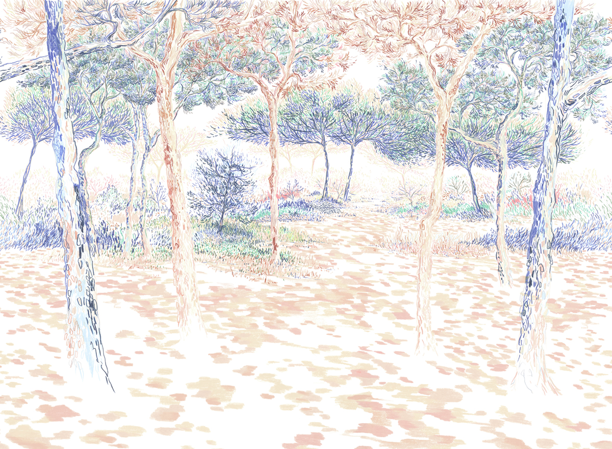 Papier peint panoramique Balade sous les pins Original A+B+C - 1/2/3/4/5/6/7/8/9 - Isidore Leroy