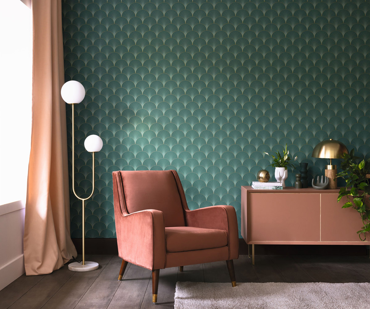 Papier peint Palme Graphique Prosperity vert émeraude doré - Elégance de Casélio | Réf. ELC105267129