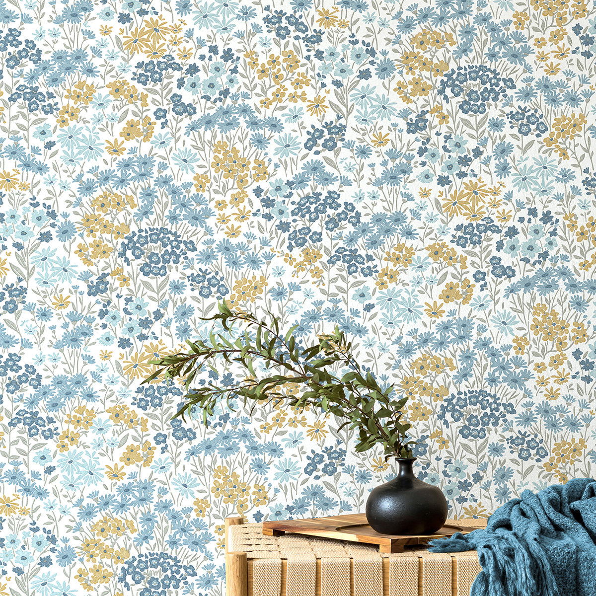 Papier peint Fleur Marguerite Ditsy Daisies bleu - Beaux Arts de Lutèce AMB1| Réf. LTC-M1814