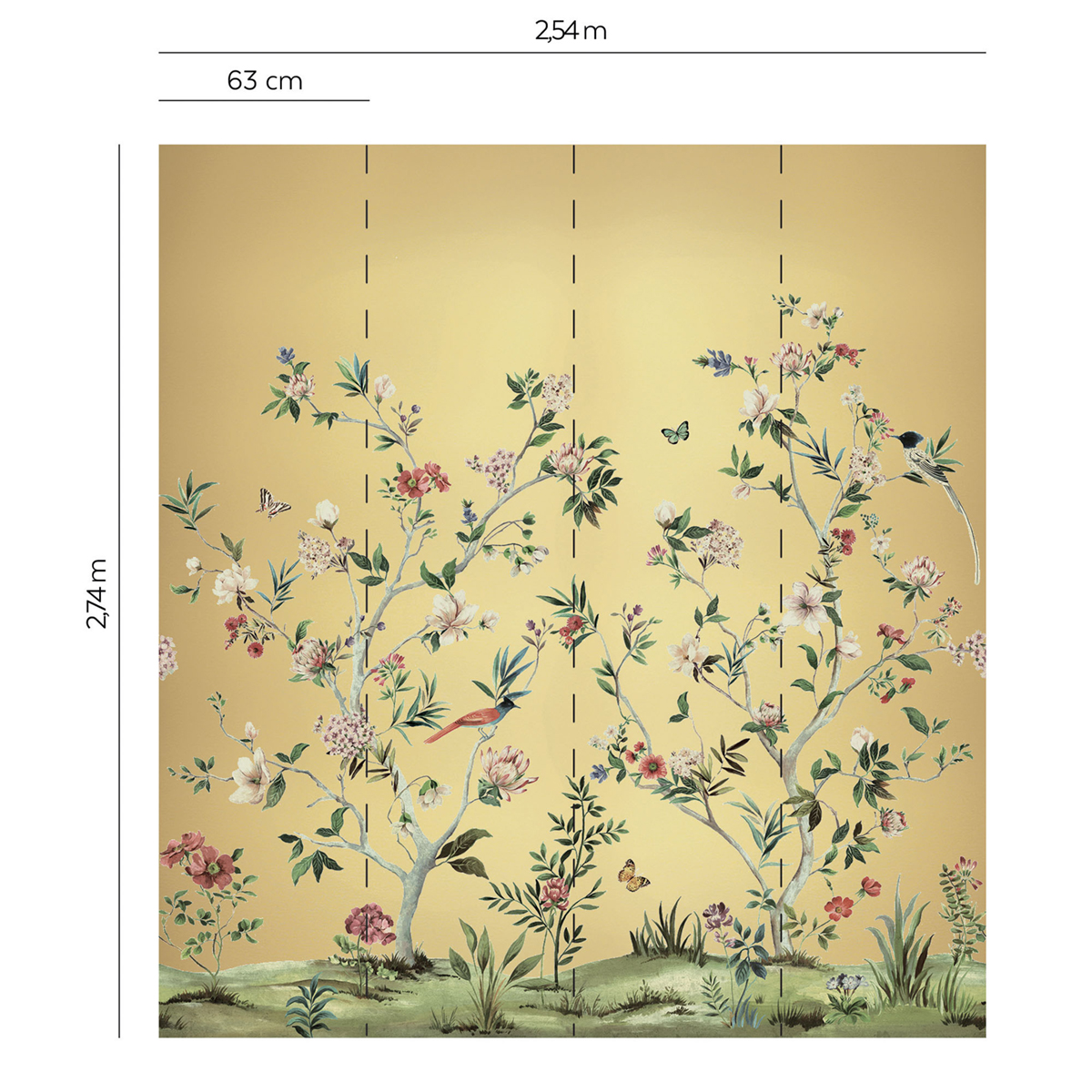 Papier peint panoramique Oiseaux Chinoiserie Magnolia doré - Daisy Bennett d'Initiales AMBR | Réf. INI-DB33603M