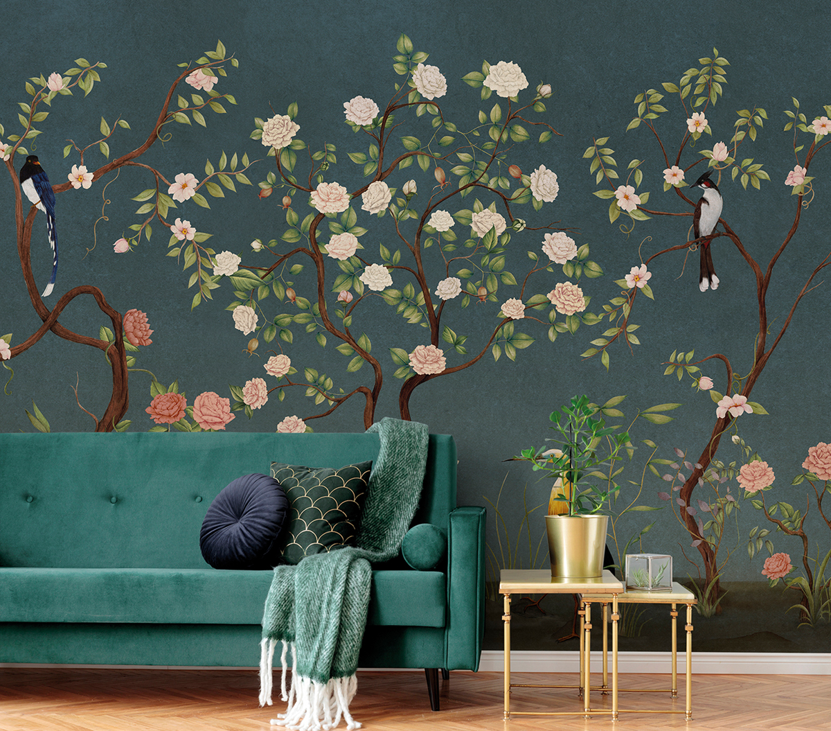 Papier peint panoramique Oiseau Classique Kaori bleu foncé - Panorama 2 de Lutèce | Réf. LTC-PAN1552C