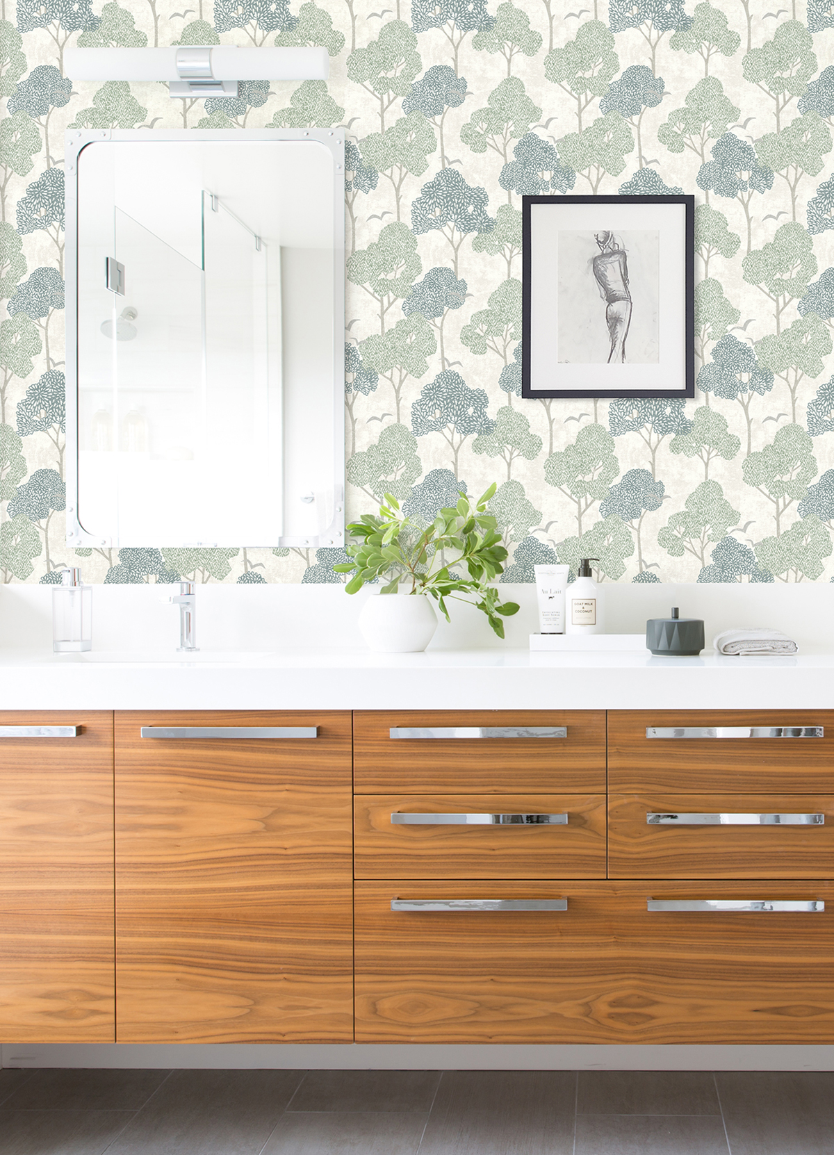 Papier peint Arbre Graphique Lykke vert sauge gris - Delicatesse de Lutèce | Réf. LTC-FD26542