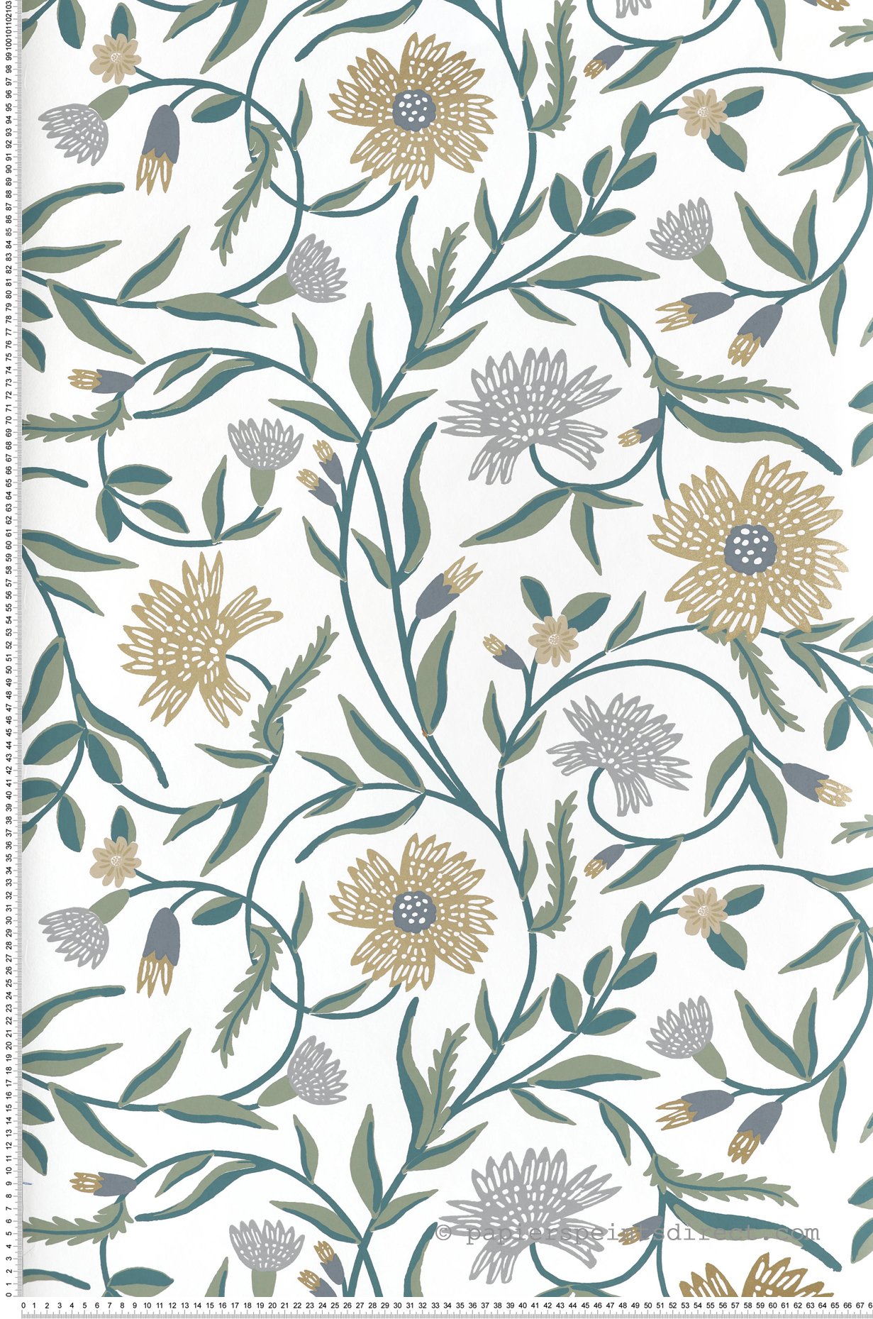 Papier peint Floral Élégant Aster vert doré - Rifle Paper Co. 3 de York (Initiales) | Réf. INI-RF7432