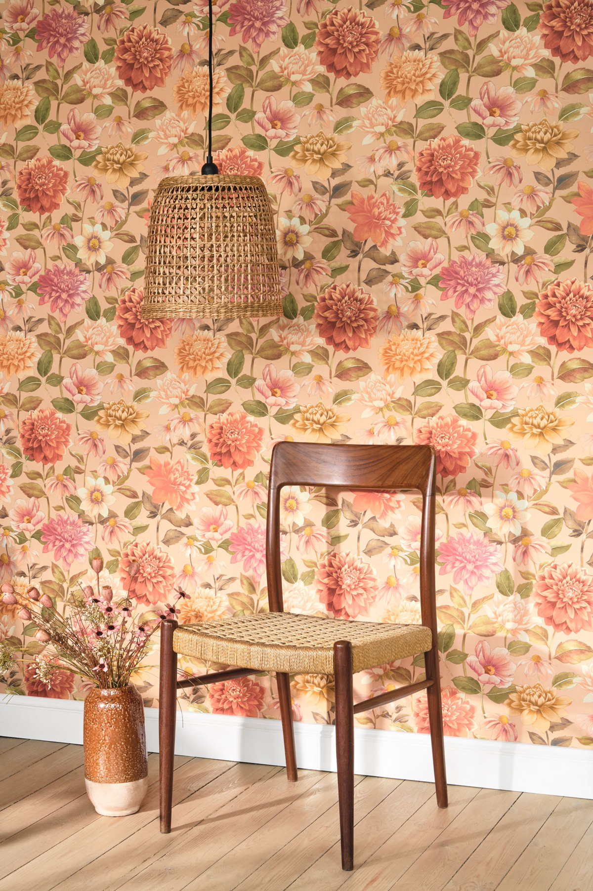 Papier peint Fleurs Dahlia rose corail - Gardens de Casadéco AMB3 | Réf. GADN87664419