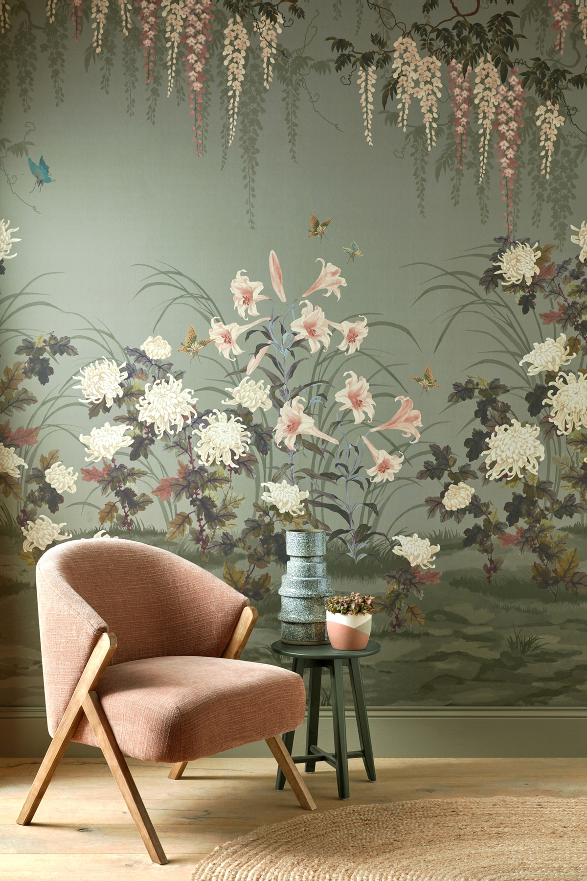 Papier peint panoramique Floral Wisteria Bloom vert de gris - V&A Decorative Papers III d'Initiales | Réf. INI-2513-191-04