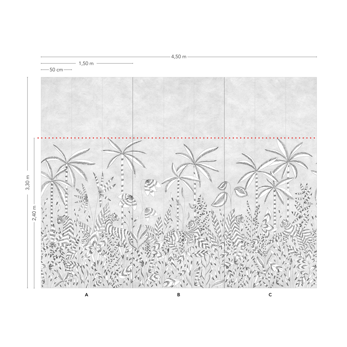 Papier peint panoramique Paradis des Tigres Grisaille A+B+C - 1/2/3/4/5/6/7/8/9 - Isidore Leroy