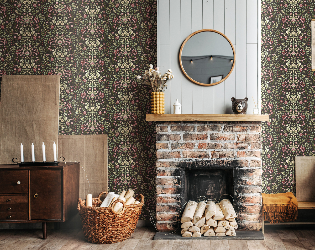 Papier peint Médaillon Fleuri noir violet - My Little Cottage de Montecolino | Réf. MC-M12329