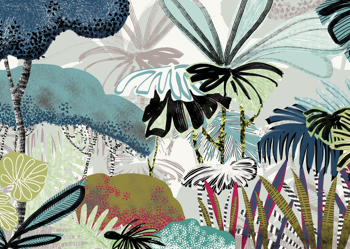 Papier peint panoramique Jungle Graphique bleu - Seasons de Komar