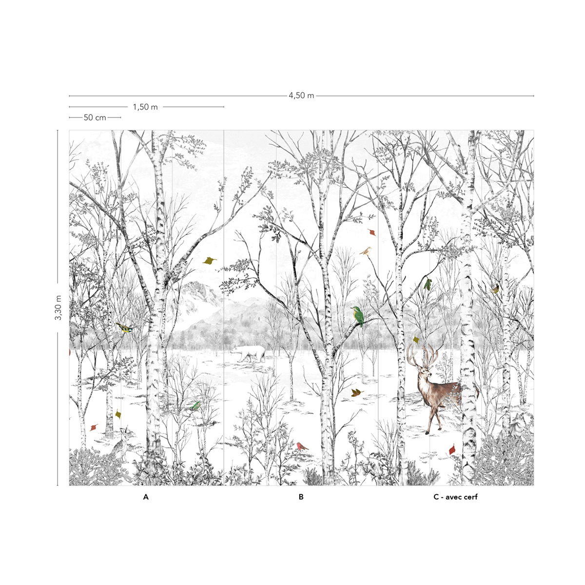 Papier peint panoramique Forêt Nunavut Naturel A+B+C - Avec Cerf - 1/2/3/4/5/6/7/8/9 - Isidore Leroy