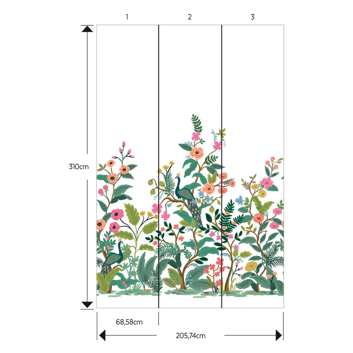 Papier peint panoramique Fleur Peacock multicouleurs blanc - Rifle Paper Co. 3 de York (Initiales) amb| Réf. INI-RP7397M