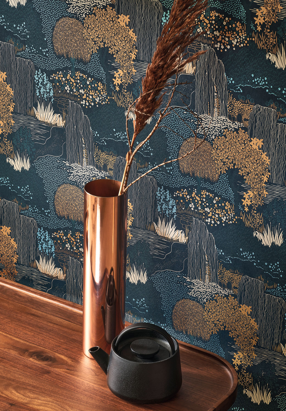 Papier peint jardin Japonais Niwa bleu encre doré - Kyoto de Casadéco AMB2 | Réf. KYTO88726759