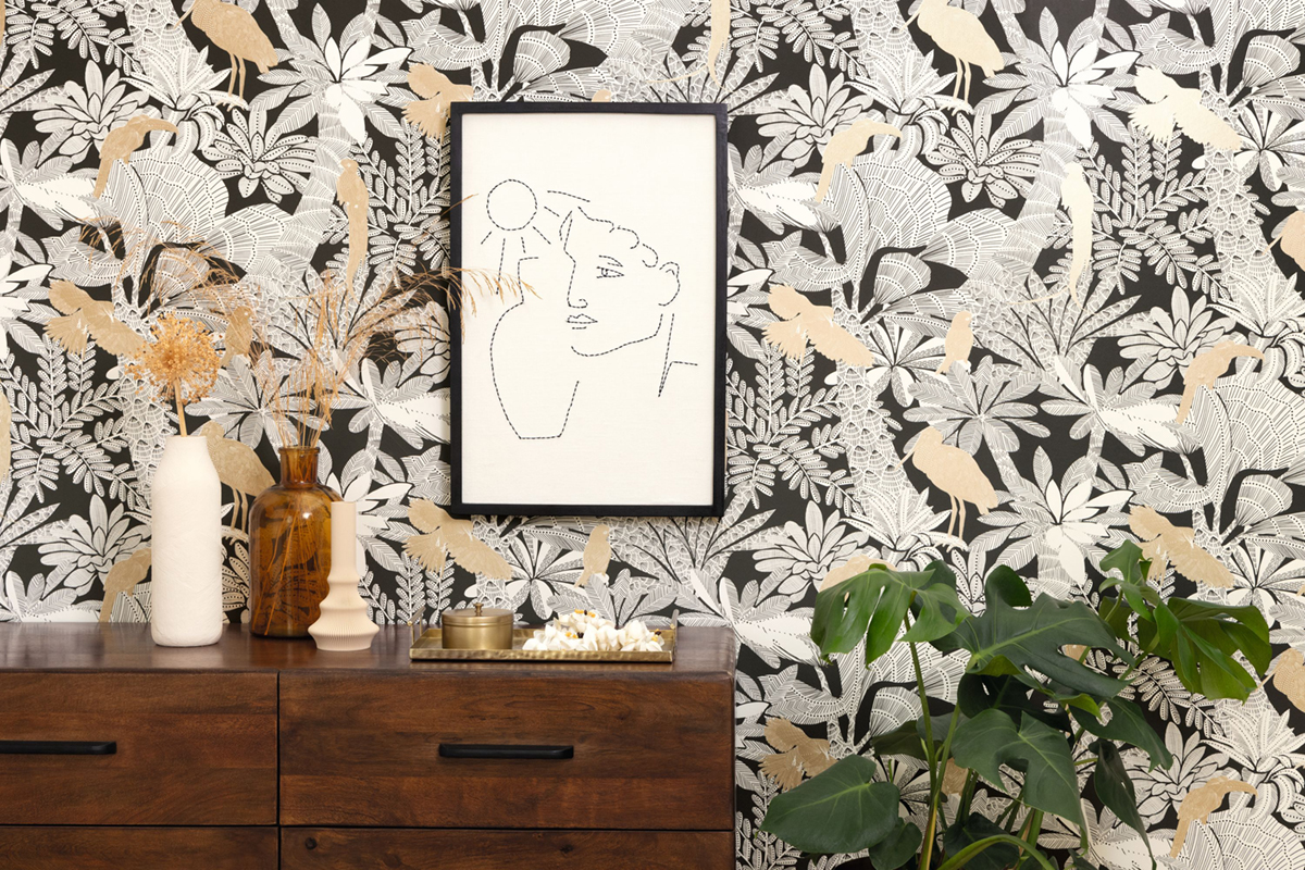 Papier peint Oiseaux Feuille Riviera noir doré - Moonlight 2 de Casélio AMB3 | Réf. MLGT104269243