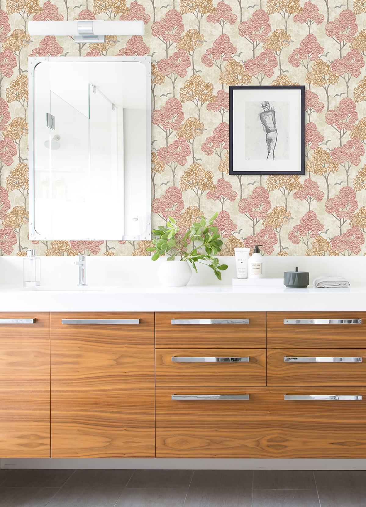 Papier peint Arbre Graphique Lykke rouge brique camel - Delicatesse de Lutèce | Réf. LTC-FD26544