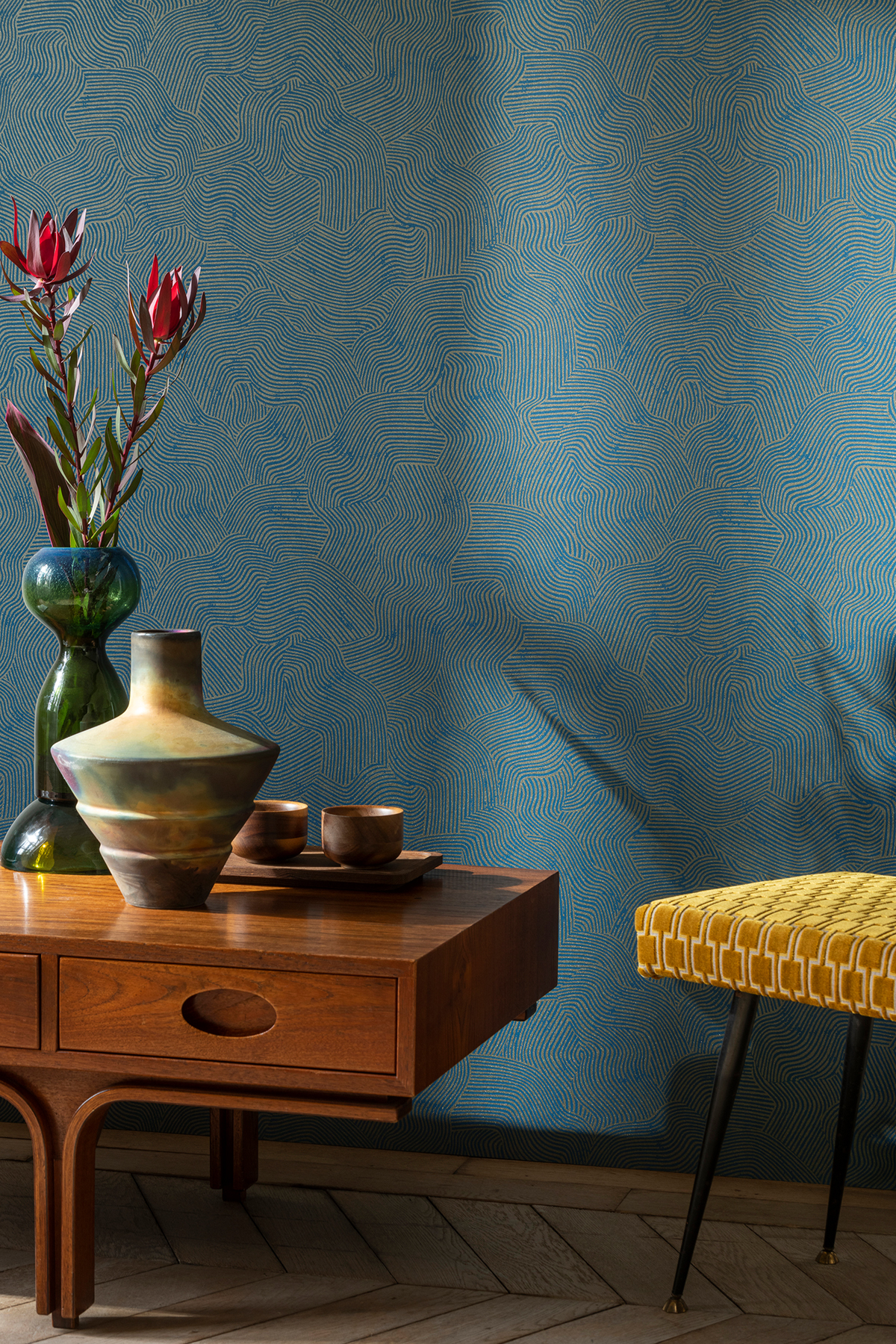 Papier peint Vague Graphique Paillette bleu paon doré - Merida de Montecolino | Réf. MC-BA26092