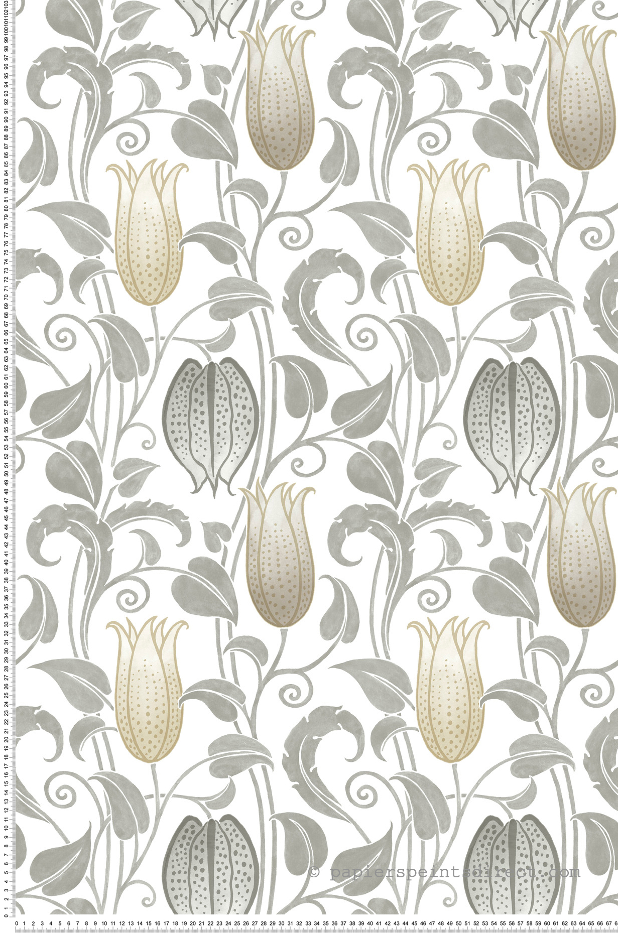 Papier peint Fleur Cloche Canterbury gris argenté doré - Arts & Crafts d'Initiales | Réf. INI-AC9204