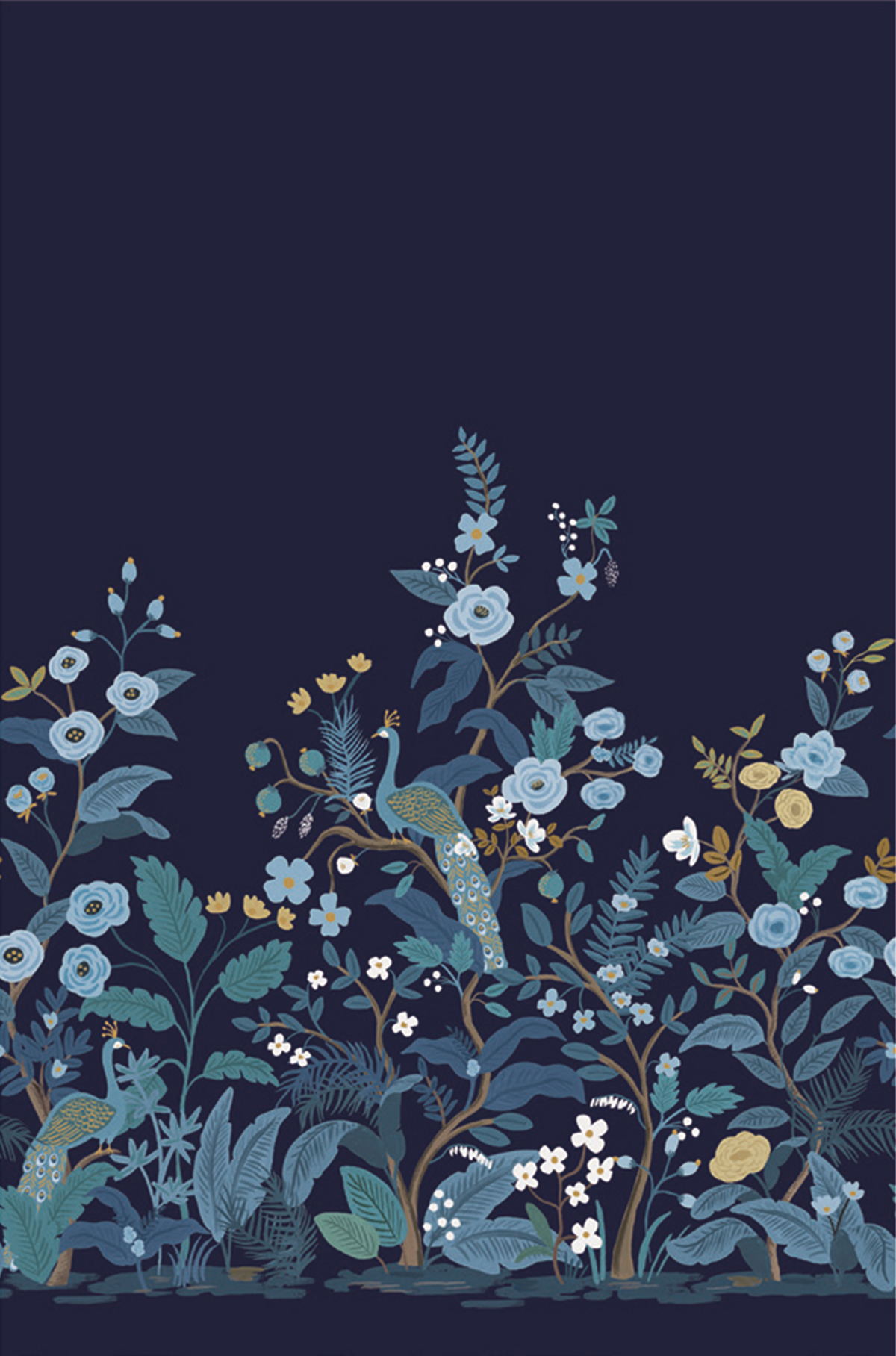 Papier peint panoramique Fleur Peacock bleu - Rifle Paper Co. 3 de York (Initiales) | Réf. INI-RP7396M