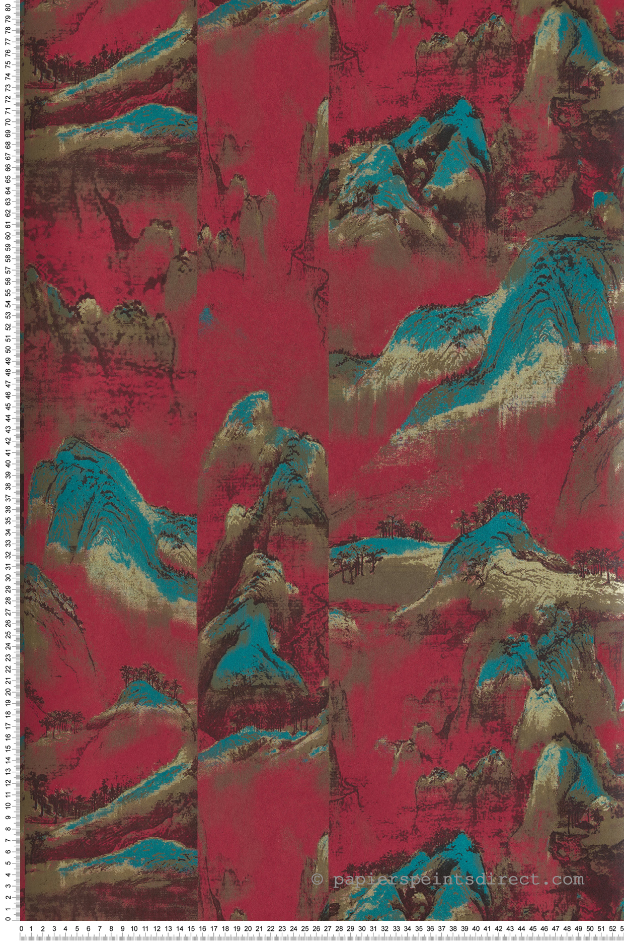 Papier peint Montagne Japonaise Akiyama rouge paon métallisé - Kimono de Masureel | Réf. MAS-KIM304