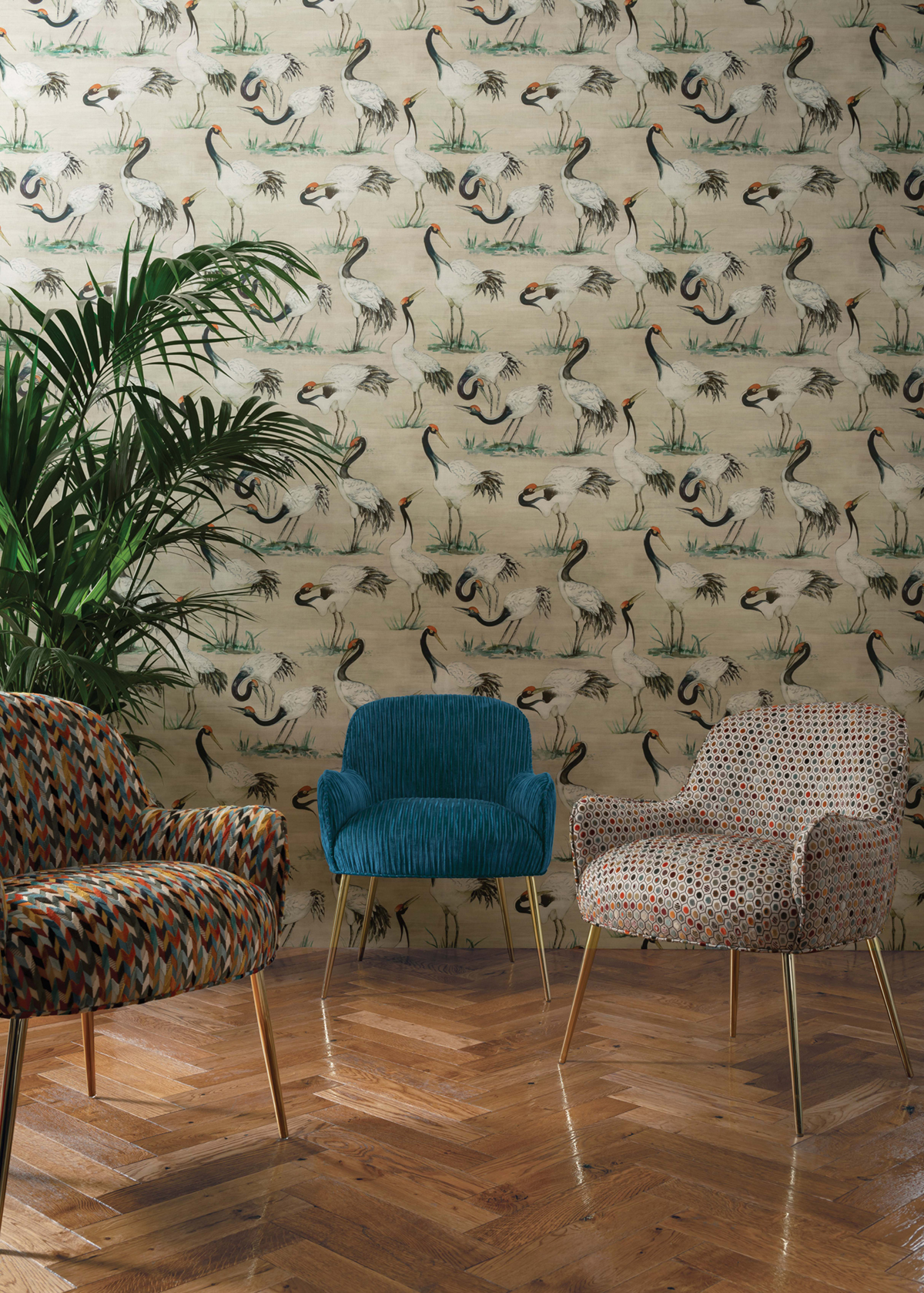 Papier peint Oiseaux Grue Cranes lin - Mansfield de Osborne & Little | Réf. OSB-W7456-01