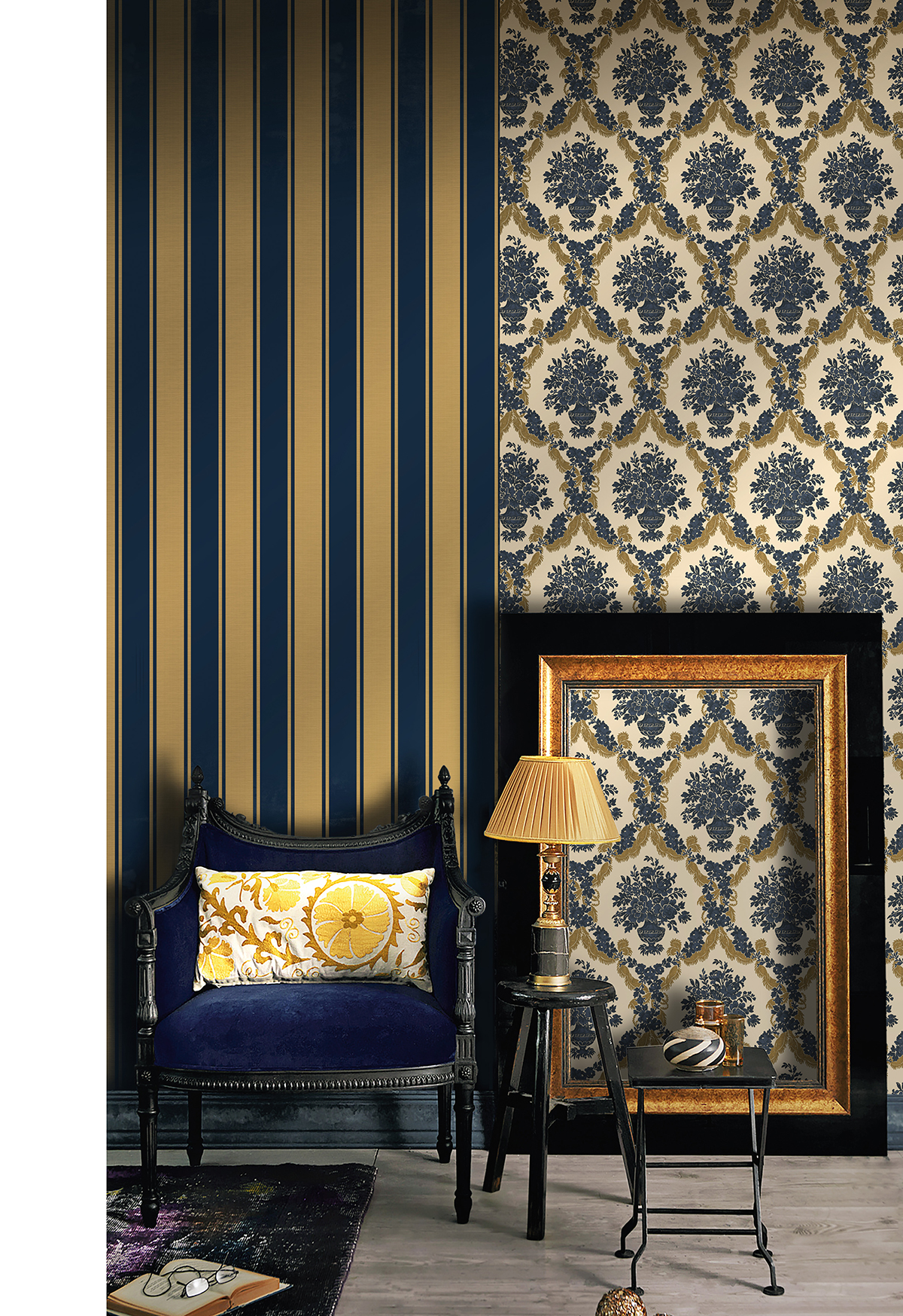 Papier peint Rayure Baroque bleu roi et doré - San Marco de Montecolino | AMB Réf. MC-23679