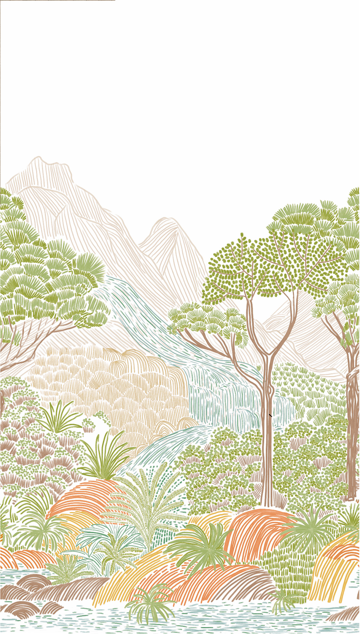 Papier peint Panoramique Paysage Oasis beige vert - Jardin d'Eden de Lutèce | Réf. LTC-51248207