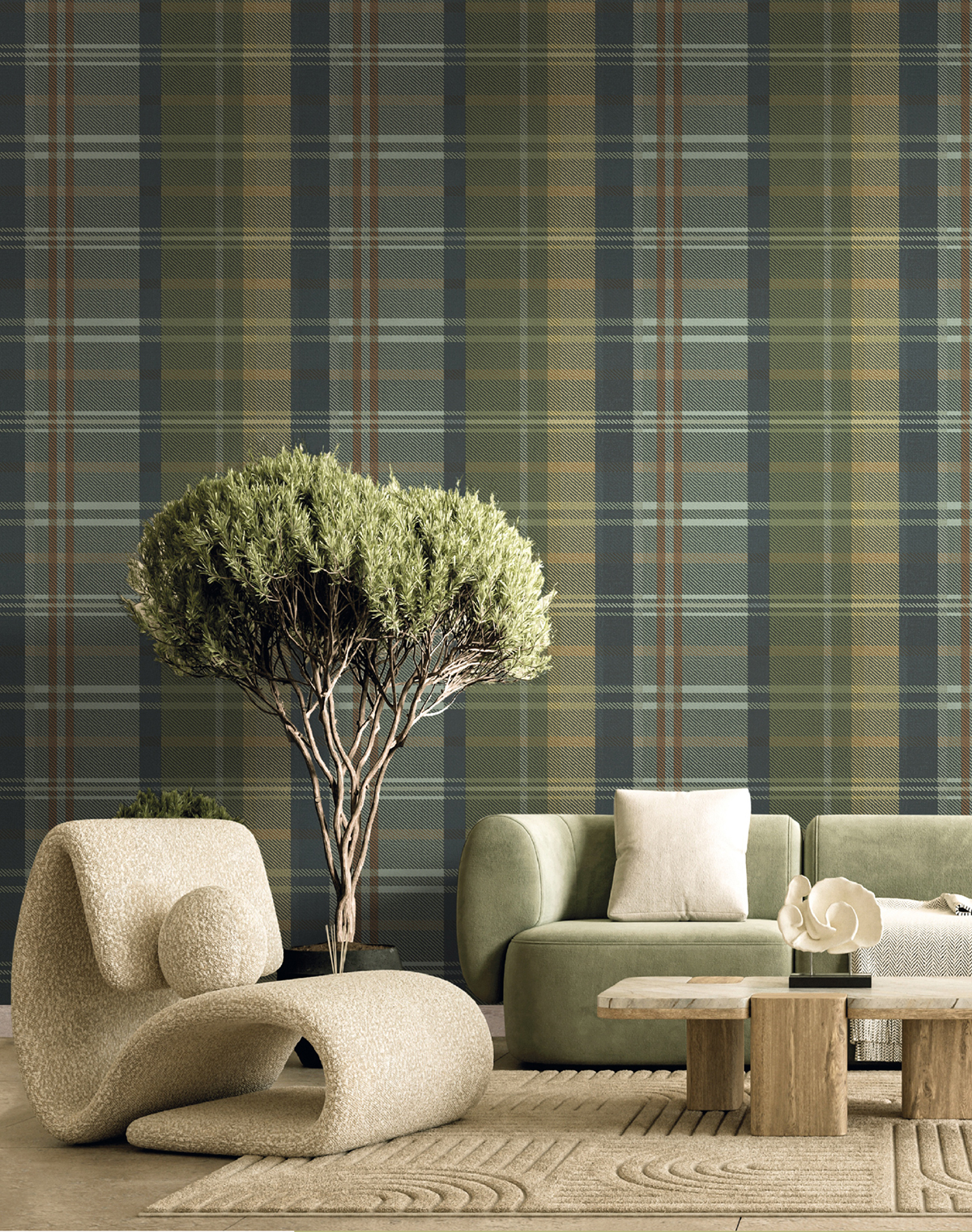Papier peint Grand Tartan Ecossais vert irisé - Maison Paradis de Lutèce | Réf. LTC-MP15565