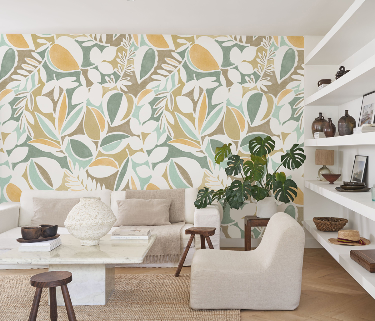 Papier peint panoramique Feuille Place Des Lices Bleu Olive M 210X280 - Echappée Belle de Casadéco | Réf. ECHA89883717