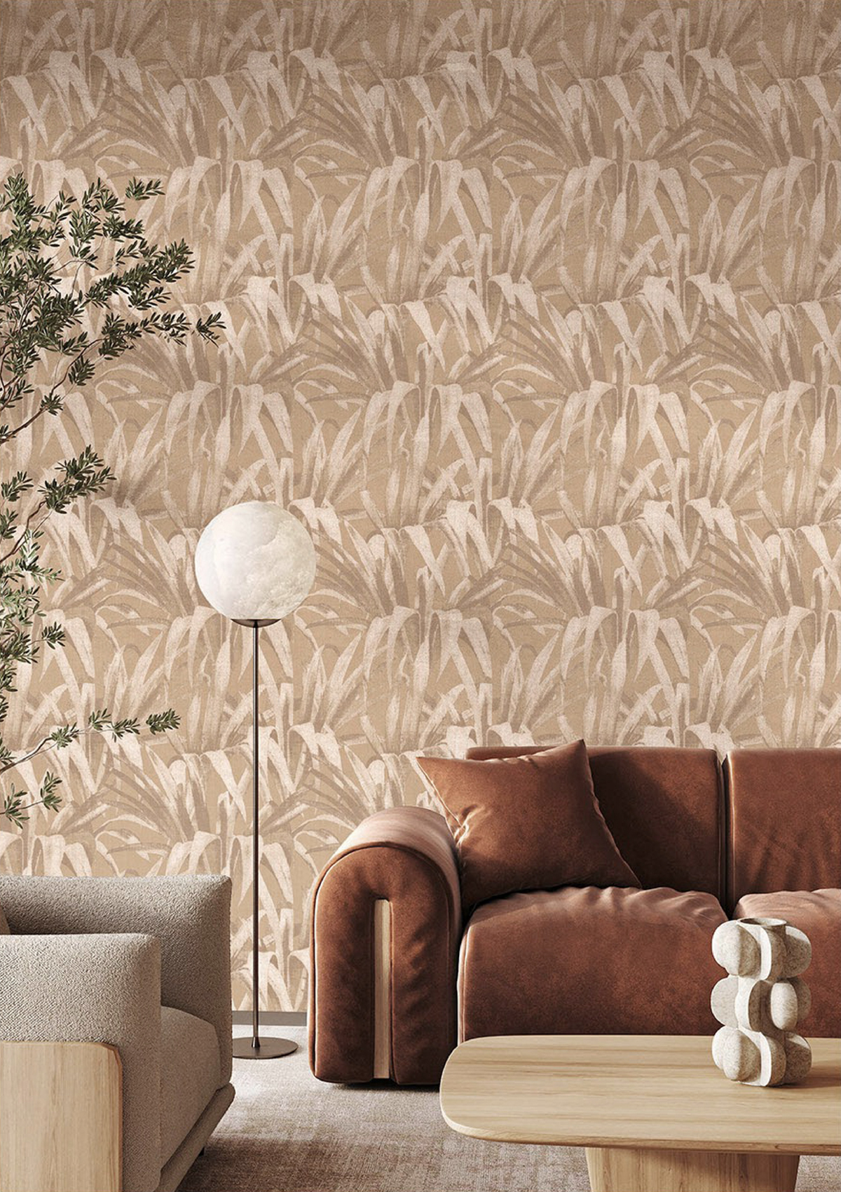 Papier peint Feuillage Palme Exotique beige rosé irisé - Maison Paradis de Lutèce | Réf. LTC-MP15524