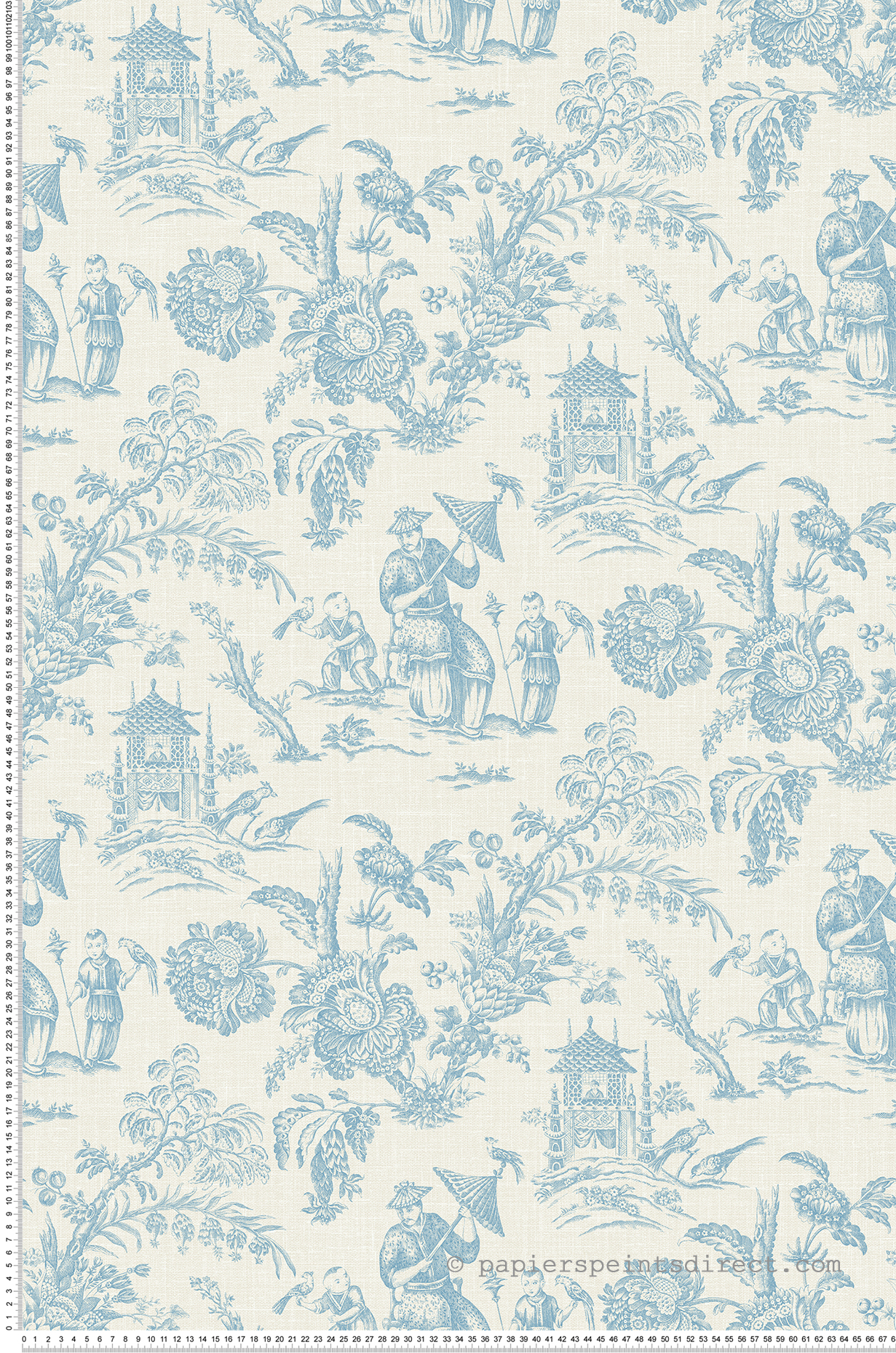 Papier peint Toile de Jouy Chinoiserie bleu clair écru - French Country d'Initiales | Réf. INI-FC61802